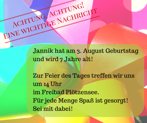 Wichtige Nachricht als Einladungstext für Kindergeburtstag