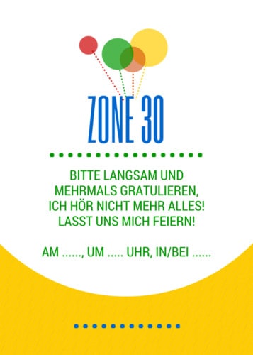 Zone 30, Geburtstagseinladung, passender Spruch als Karte